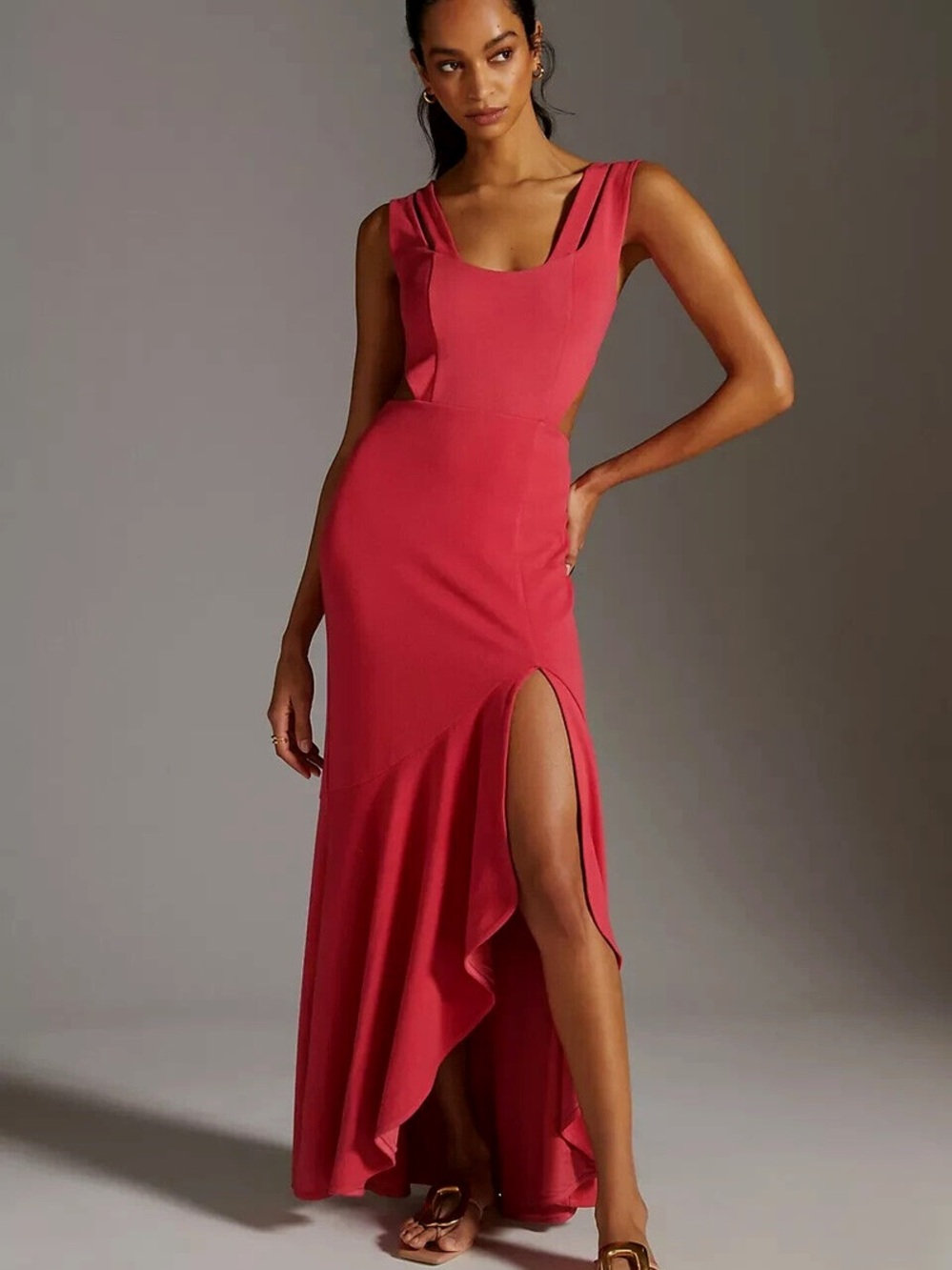 Maeve Red Ruffle Side-Slit Maxi Dress